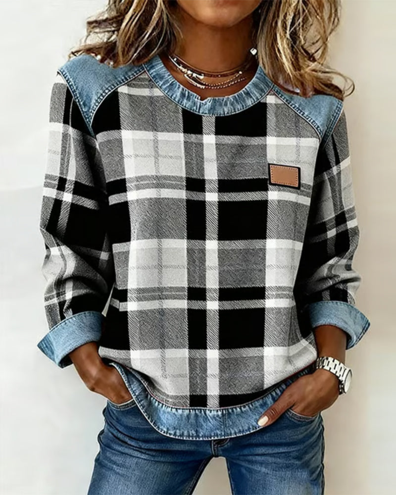 Edith™ | Women's Casual Round-Neck Denim Patchwork Pullover Sweatshirt