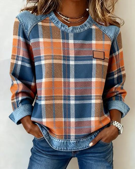 Edith™ | Women's Casual Round-Neck Denim Patchwork Pullover Sweatshirt