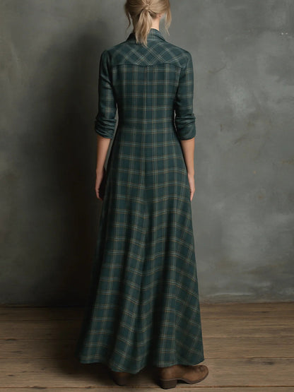 Margot™ | Long Dress with Green checked lapels