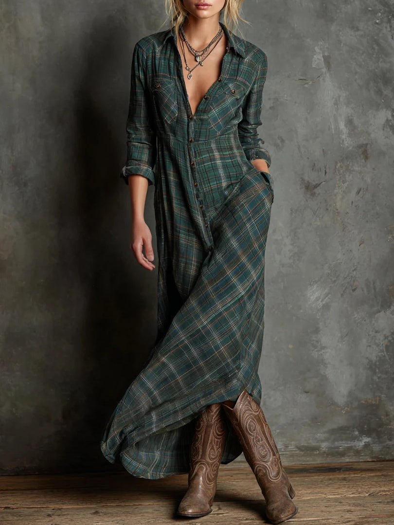 Margot™ | Long Dress with Green checked lapels
